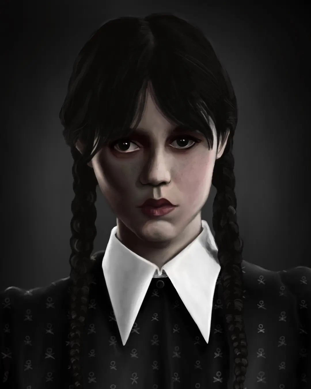 Fanart de Miércoles Addams. Ilustración digital del artista Juan Alcalá-Zamora