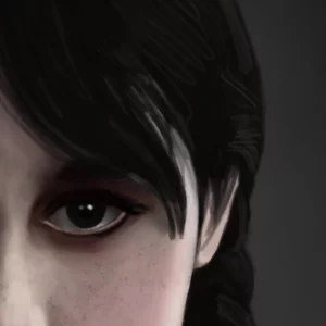 Detalle de la ilustración Fanart de "Miércoles Addams" realizada con técnica digital por el ilustrador Juan Dormitorio. En la imagen se muestra un detalle del ojo y cabello de Miércoles Addams