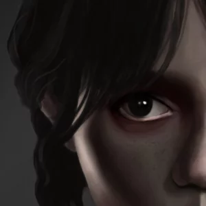 Detalle de la ilustración Fanart de "Miércoles Addams" realizada con técnica digital por el ilustrador Juan Dormitorio. En la imagen se muestra un detalle del ojo y cabello de Miércoles Addams