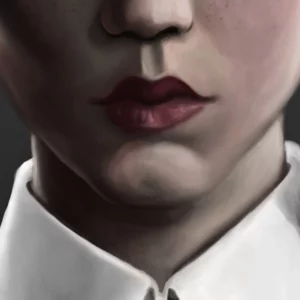 Detalle de la ilustración Fanart de "Miércoles Addams" realizada con técnica digital por el ilustrador Juan Dormitorio. En la imagen se muestra un detalle del rostro